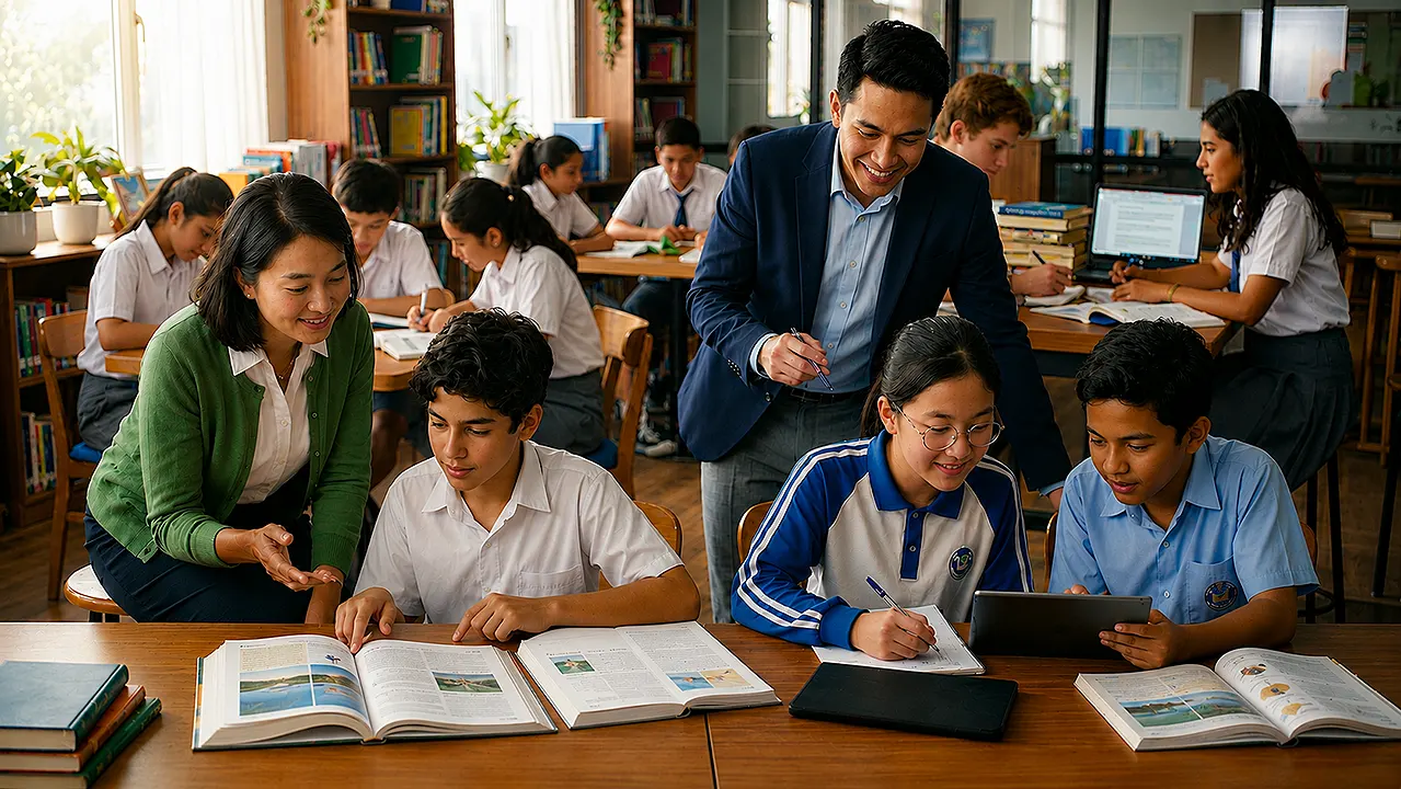 Siswa sekolah nasional sedang belajar menggunakan buku yang didistrubusikan oleh Sentra Eduglobal